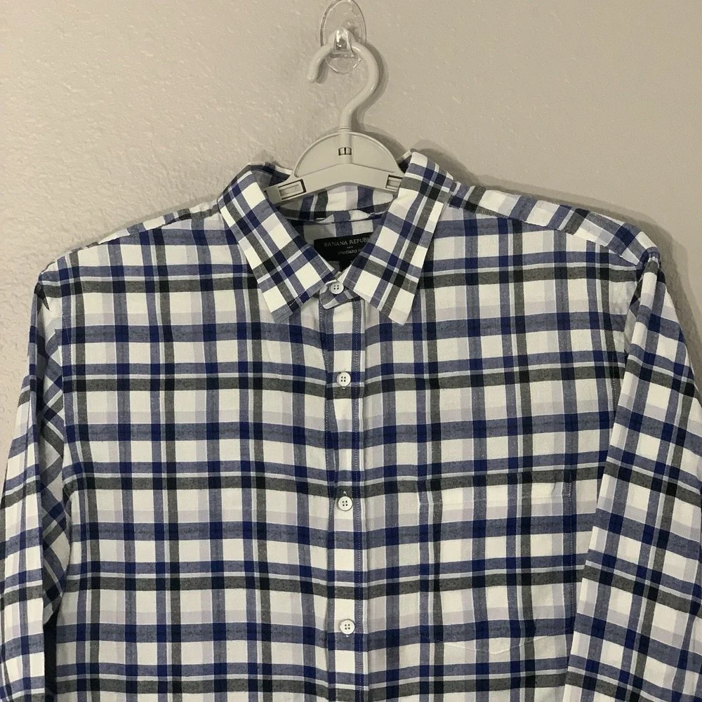 Banana Republic Men's Lg White Blue‎ Black Plaid Button Down Shirt Standard Fit
